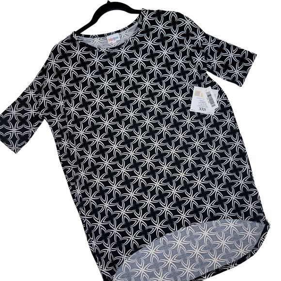 LuLaRoe Irma Tunic XXS Black White Geometric Floral Dolman Top High Low Hem - Picture 1 of 8